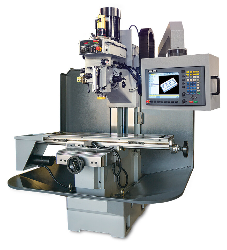 Kent USA CNC bed mill with ACU-RITE MILLPWR console showing a 3D pocket toolpath on screen. Photo: Wikimedia Commons.