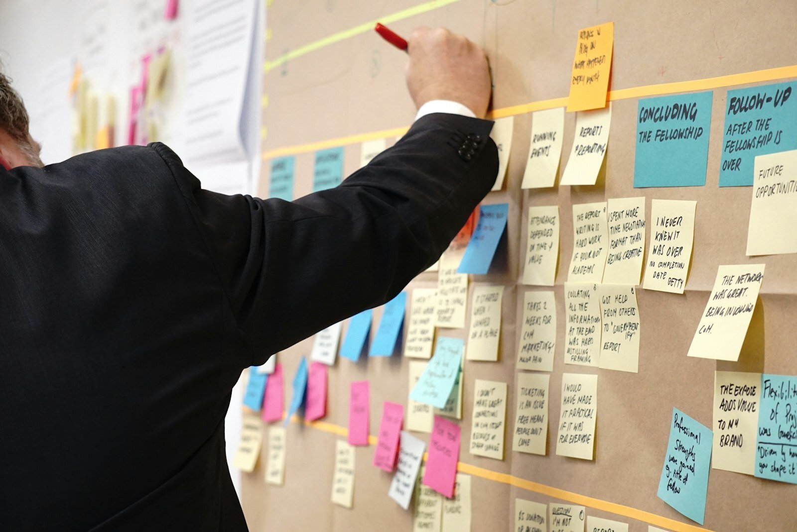 Project planning board with sticky notes—stage-gate portfolios still die when status lives in fifteen spreadsheets. Photo: Jo Szczepanska / Unsplash.