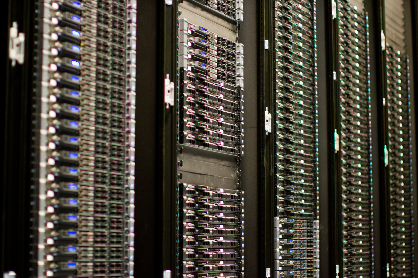 Wikimedia Foundation server racks—the physical IT estate Hardware Asset Management tracks from request through disposal. Photo: Victor Grigas / Wikimedia Commons.