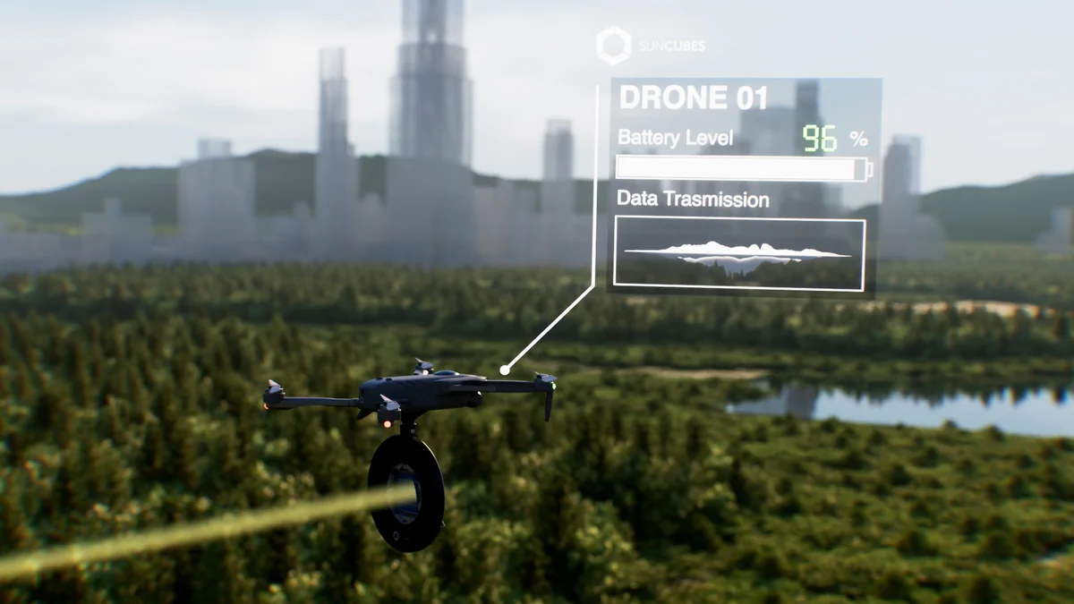 SunCubes concept visualization of a drone receiving laser-based wireless power. Image: SunCubes via SimScale.