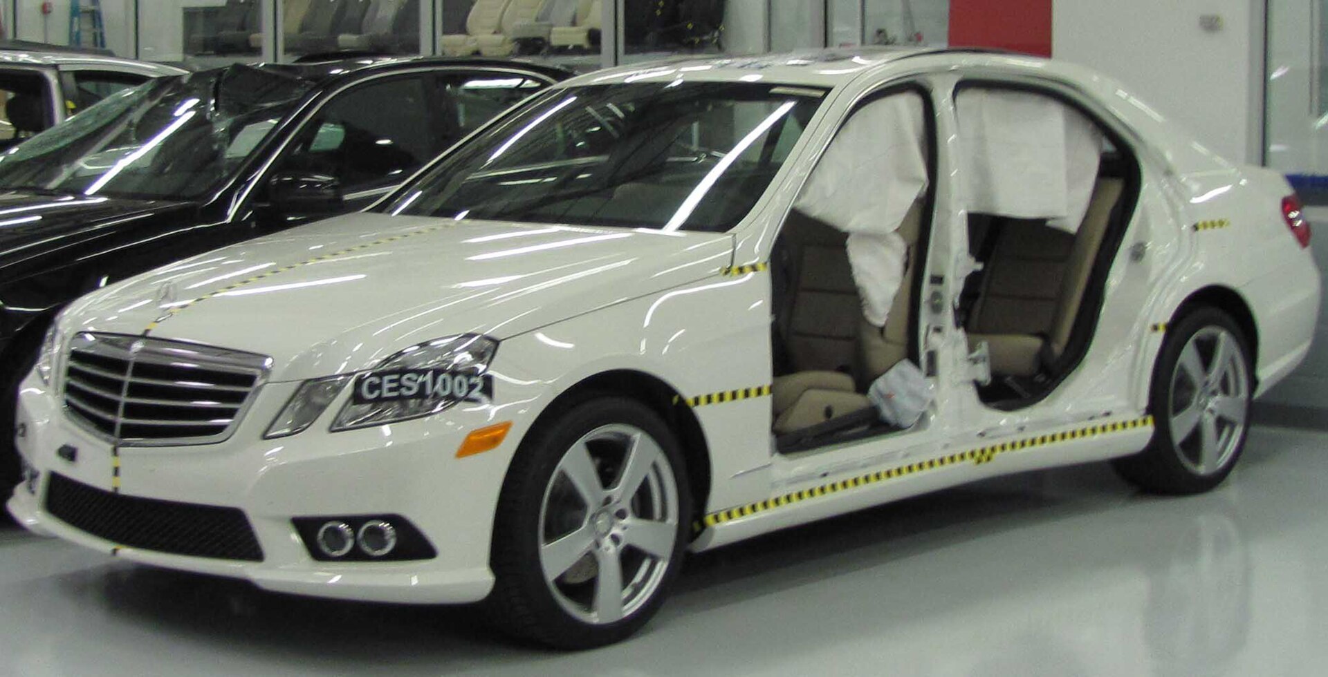 Crash-tested 2010 Mercedes-Benz E 350 at the IIHS Vehicle Research Center
