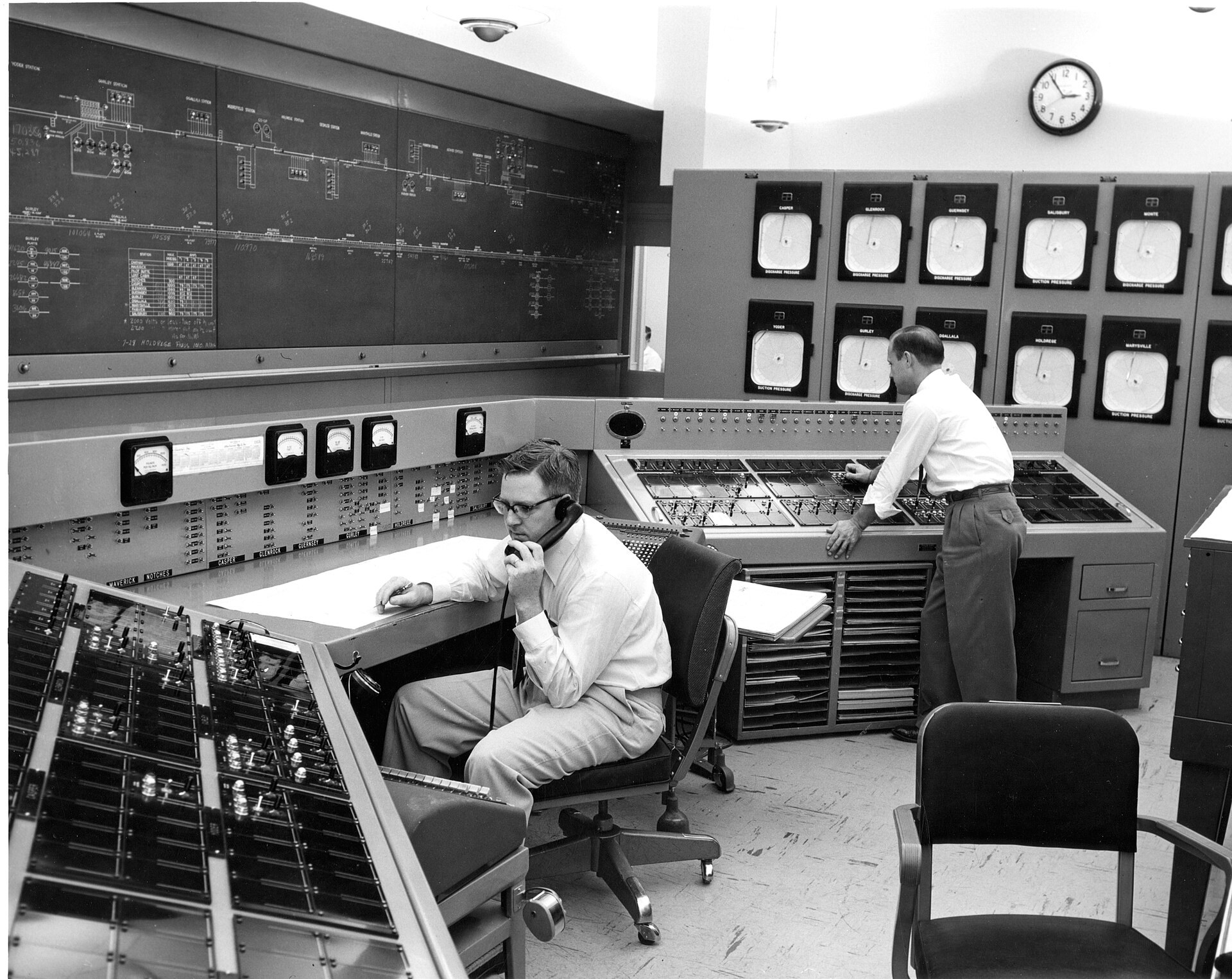 Two men working at the consoles of a large 1960s industrial control room with a wall-mounted mimic panel and gauges.
