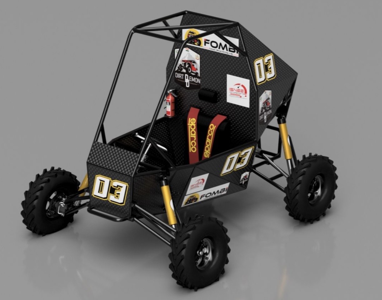 A rendered CAD model of a black SAE Baja off-road vehicle with a tube roll cage, number 03 decals and yellow shocks.