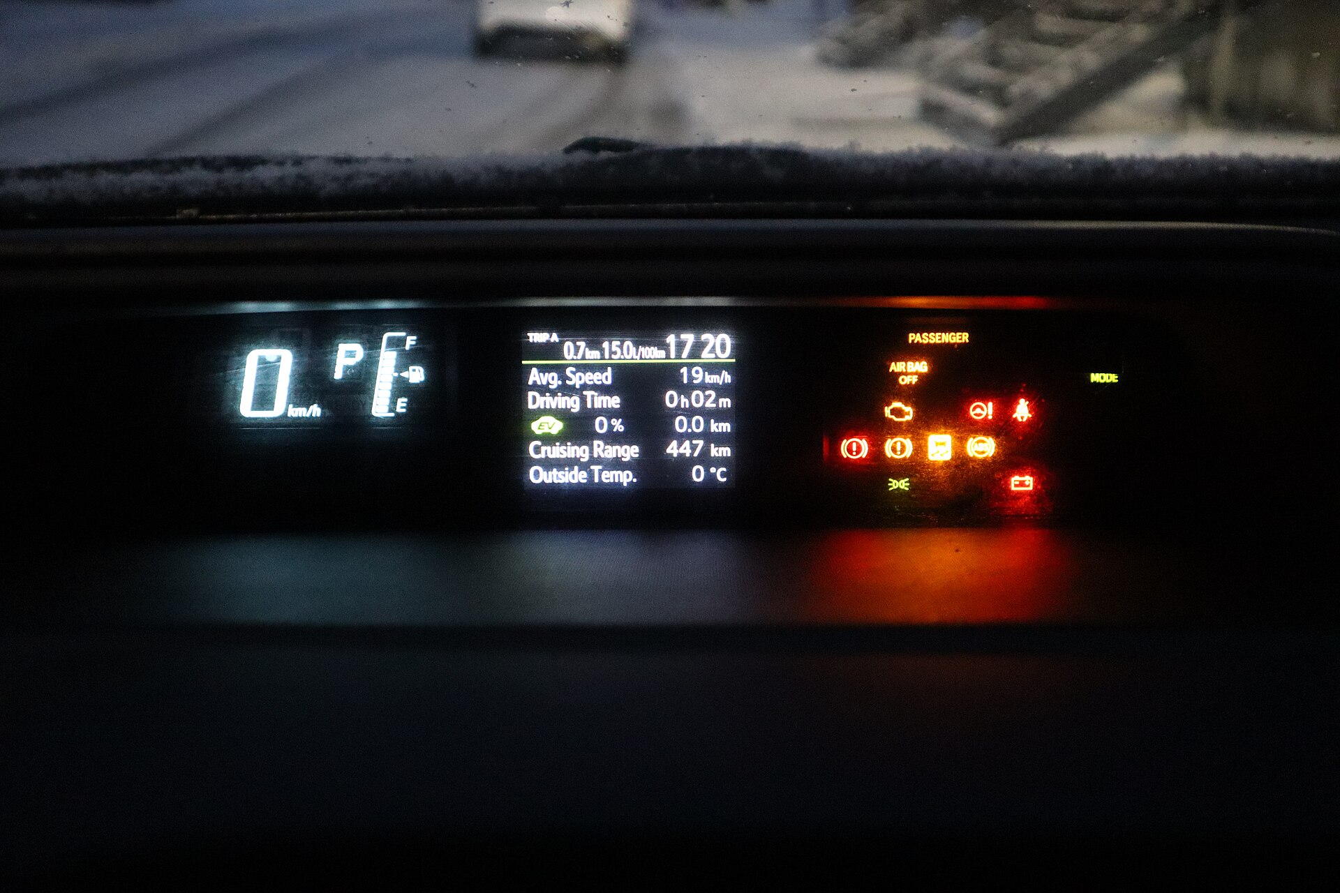 The digital instrument cluster of a Toyota Prius C showing speed, gear, trip data and warning lights.