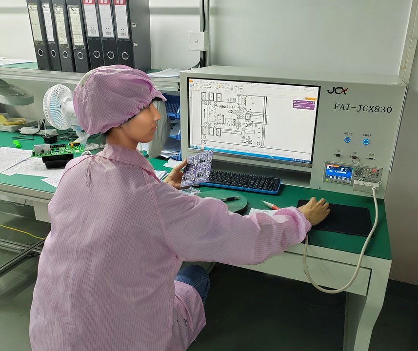 A quality inspector in a pink cleanroom gown and cap holds a circuit board while checking it on a first article inspection machine with a monitor showing the board layout.