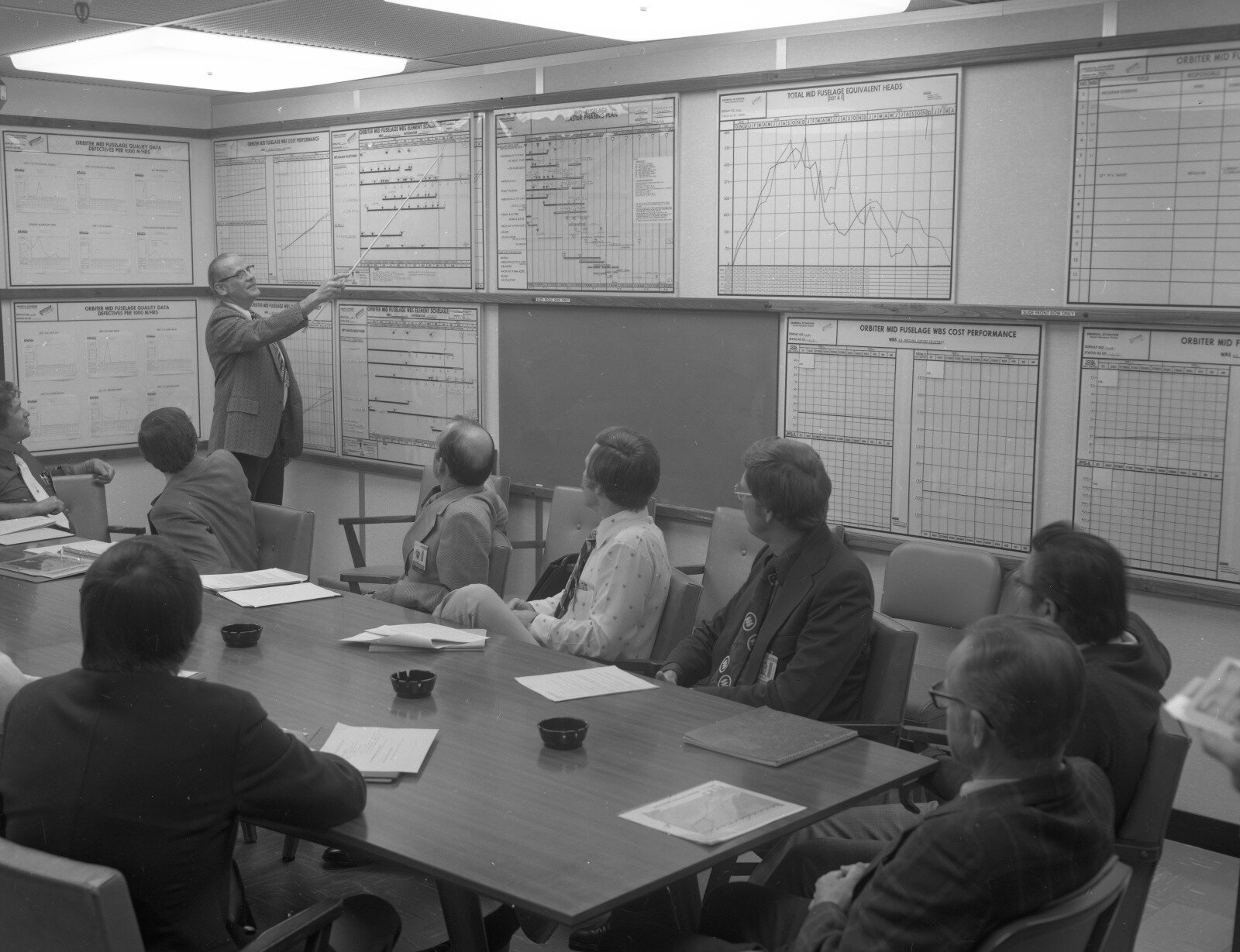 Convair employees seated around a conference table look at charts on the wall during a meeting. Photo: San Diego Air and Space Museum Archives, public domain, via Wikimedia Commons.