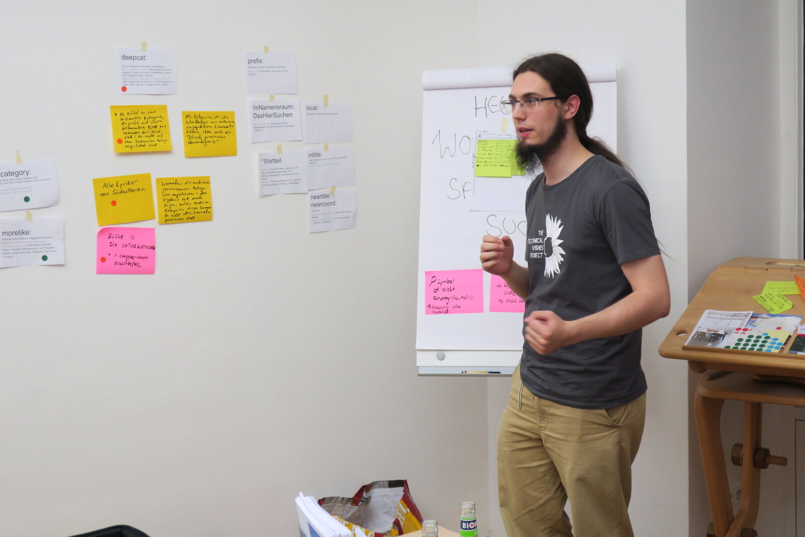 A workshop participant stands in front of a flipchart and a wall covered with sticky notes. Photo: Jan Dittrich (WMDE), CC BY 4.0, via Wikimedia Commons.