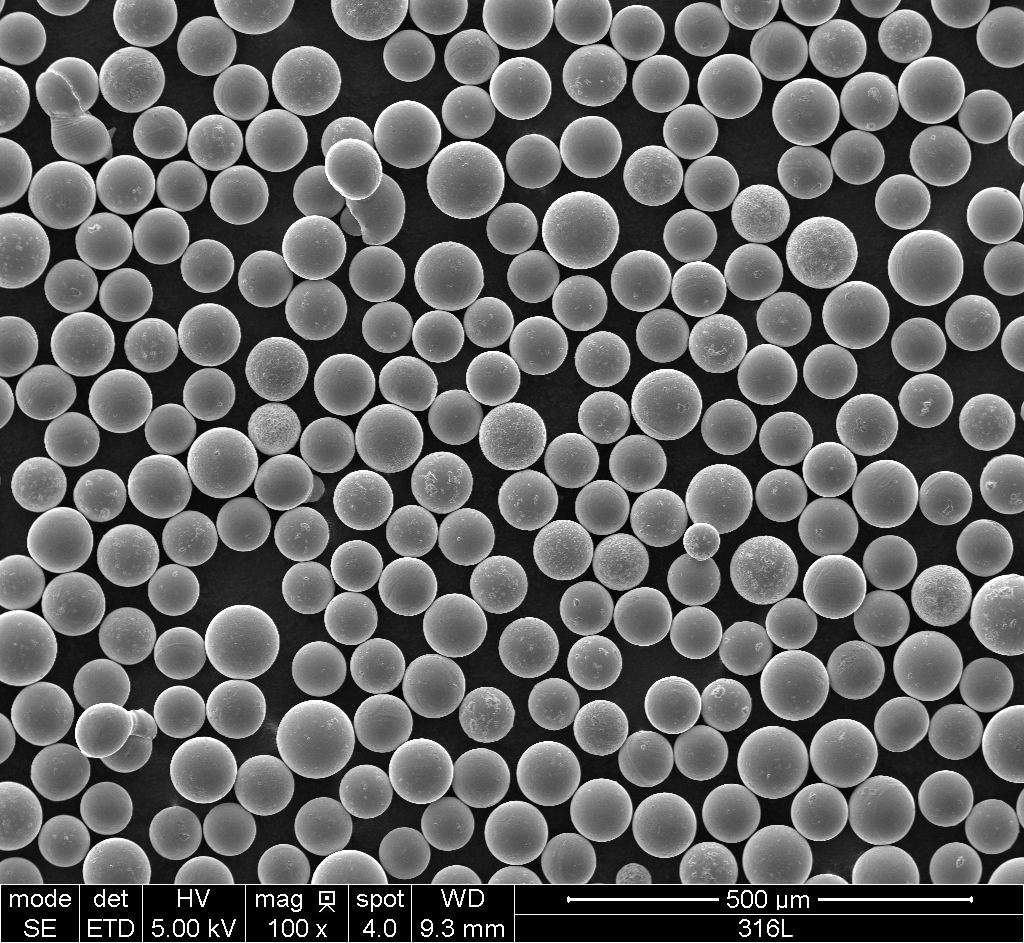 Scanning electron microscope image of spherical 316L stainless steel powder particles produced by ultrasonic atomization, the kind of feedstock used in laser powder bed fusion. Photo: Michaltoczko, CC BY 4.0, via Wikimedia Commons.