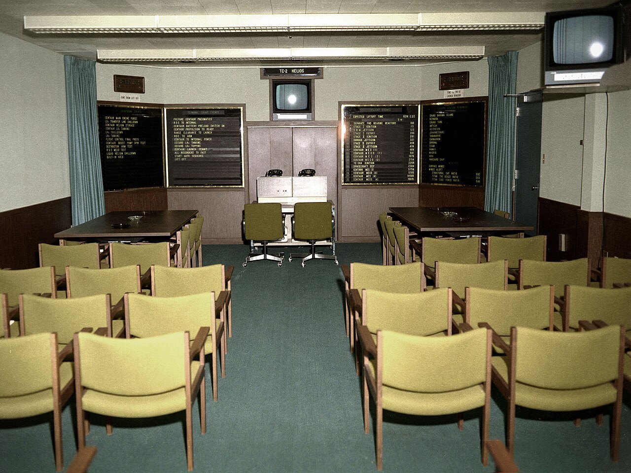 A 1974 NASA rocket control room with rows of chairs facing wall-mounted status boards and television monitors.